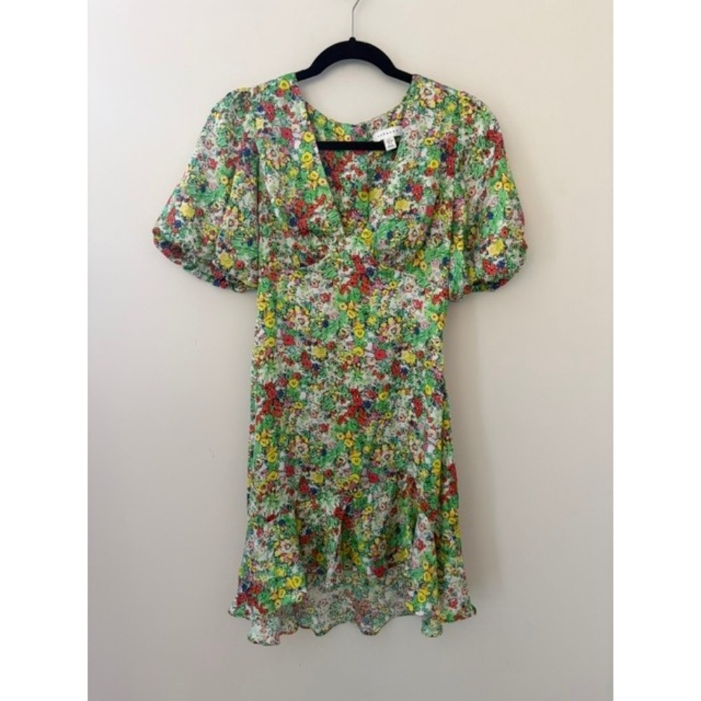 Topshop Floral Puff Sleeve Cutout Back Mini Dress Green Multi Size US 4 - Picture 1 of 4